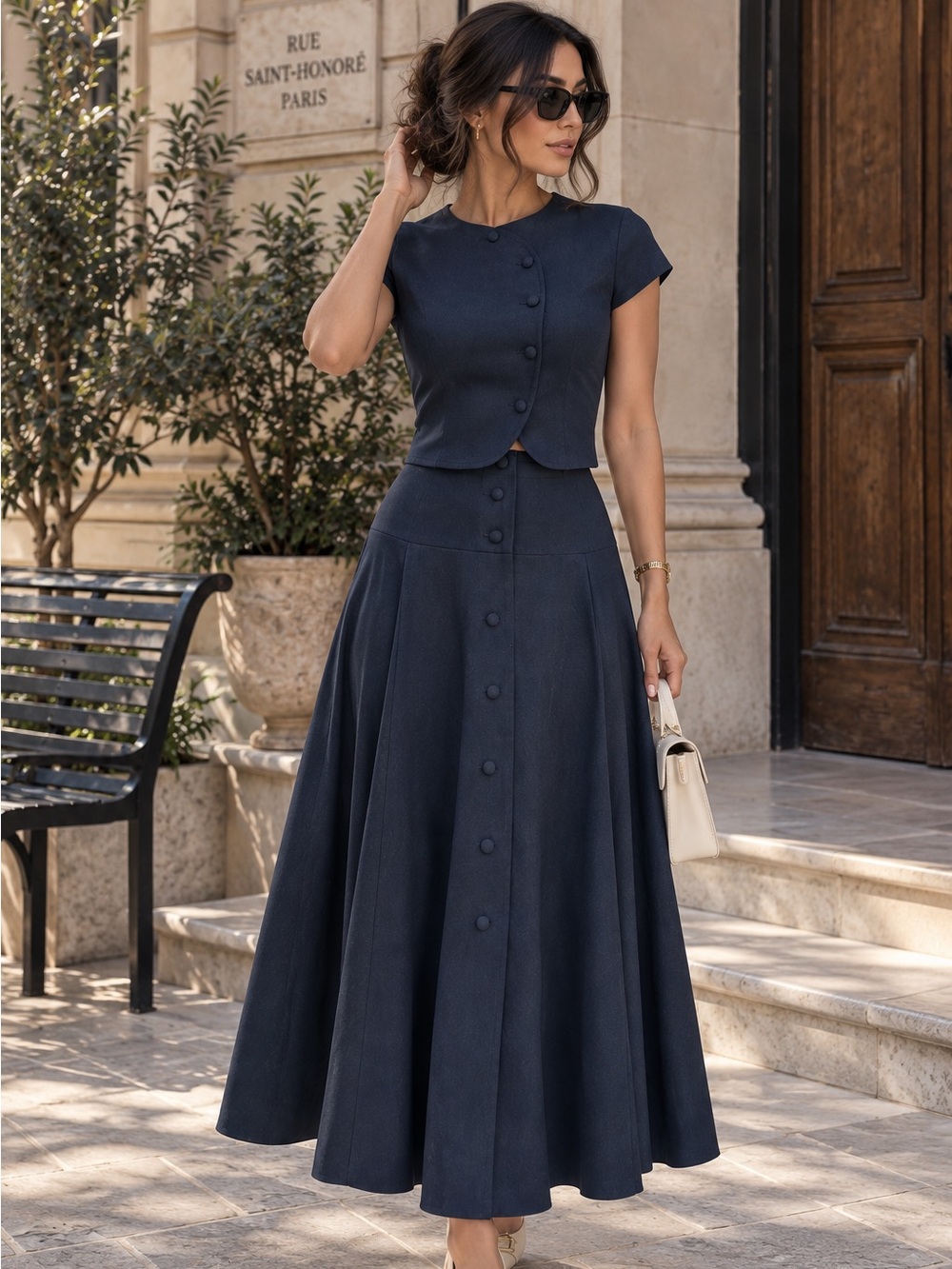 🦋COMMENSE Cotton Linen Button-Front Blouse & Skirt Set – Navy